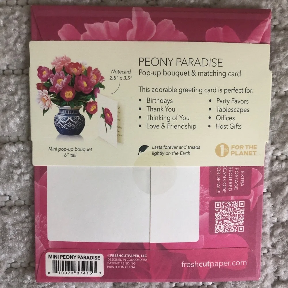New Peony FreshCut Paper Mini Floral Popup Bouquet w/Note card & Envelope 4-pack